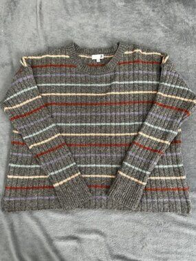 SO Women's L Regular Gray Multicolor Striped Knit Crew Neck Long Sleeve Pullover